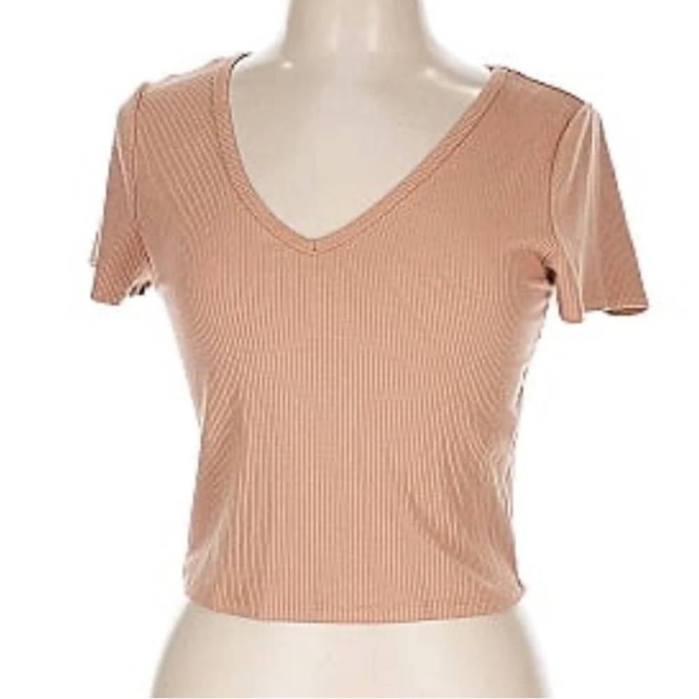 Tan Ribbed V-Neck Top